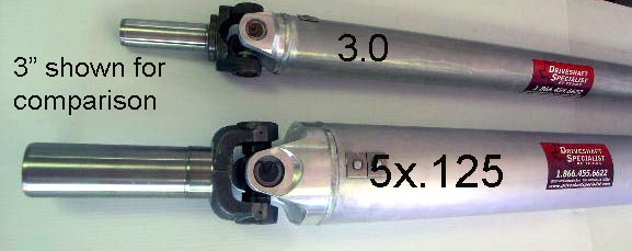 comparison of an aluminum 3 inch driveshaft and a 5.0 inch aluminum driveshaft